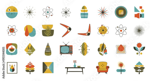 Midcentury modern design elements furniture, decor, patterns. Suitable for retrothemed projects, vintage aesthetic designs, or nostalgic content.