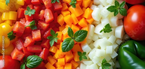 Colorful chopped vegetables, bell peppers, tomatoes, onions, basil, parsley. Ingredients for cooking spaghetti sauce or salad. Fresh, healthy food prep close up. Natural, vibrant food colors.