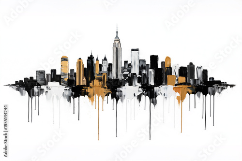 Abstract New York skyline painting with dripping paint and gold accents