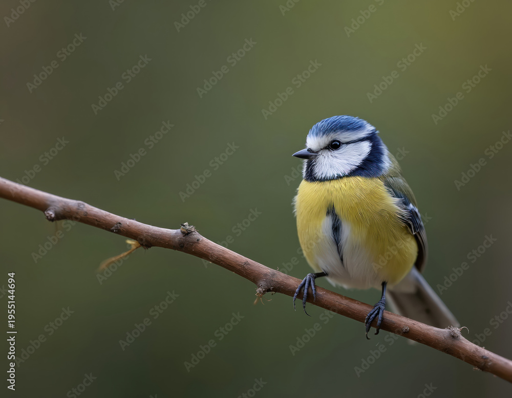 Obraz premium Small blue tit bird sits on a tree branch. Cute bird with yellow chest and blue head feathers. Wild animal rests in nature environment. This bird is common in gardens and parks.