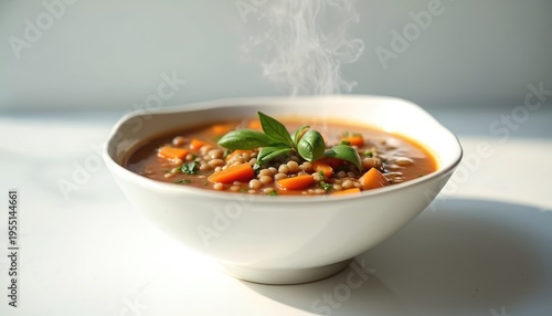 Steaming lentil soup with carrots and basil in a white bowl. This hearty, spiced dish is a warming, healthy vegetarian meal. Perfect for a cozy lunch or dinner.