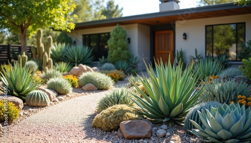 Desert garden landscape design with xeriscape plants. Drought tolerant cacti agaves and succulents grow along gravel path near modern home exterior.
