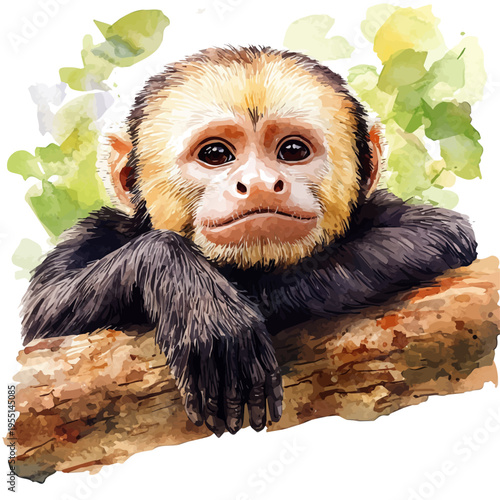 Capuchin Monkey, graceful vector watercolor painting with soft flowing strokes and subtle highlights, isolated on a white background.