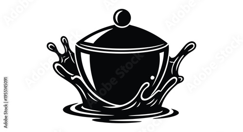 Elegant black and white illustration of a teapot with liquid splashing around it