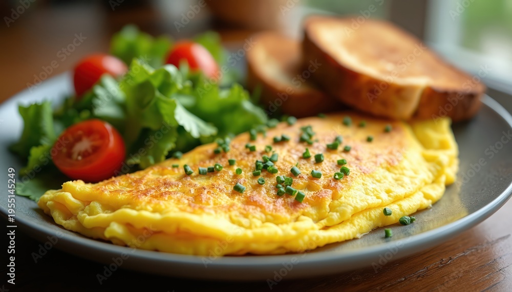 Fototapeta premium Fluffy omelet with fresh green salad and cherry tomatoes rests beside three golden brown toast slices on a grey plate. Sprinkled chives add garnish. This meal is ready to eat.