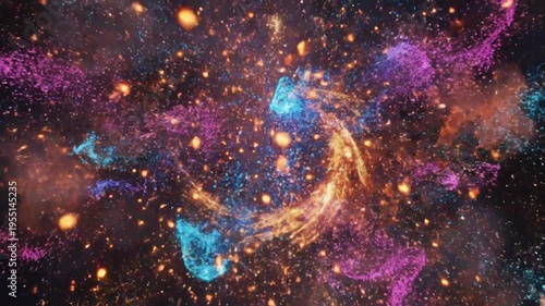 Abstract colorful particles exploding and forming a cosmic swirling vortex of light and energy against a dark background.