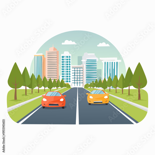 Two cars driving on urban road towards city skyline