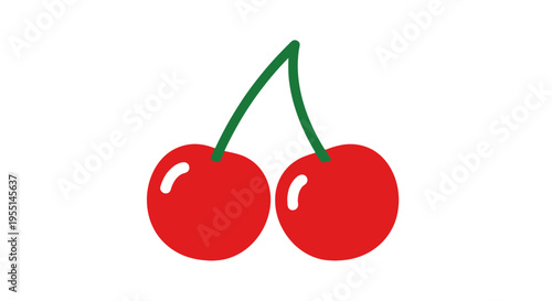 Two red cartoon cherries with green stems on white