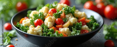 Fresh cauliflower salad with cherry tomatoes and kale in dark bowl. Healthy raw vegetable dish with parsley garnish. Nourishing meal preparation, delicious vegan food.