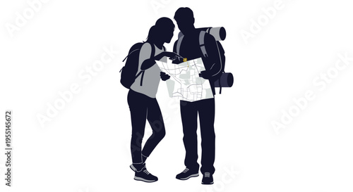 Two travelers with backpacks studying map for journey