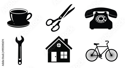 Collection of everyday objects including a coffee cup scissors phone and bicycle