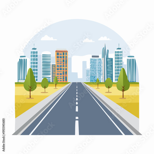Urban road leading to modern city skyline with trees