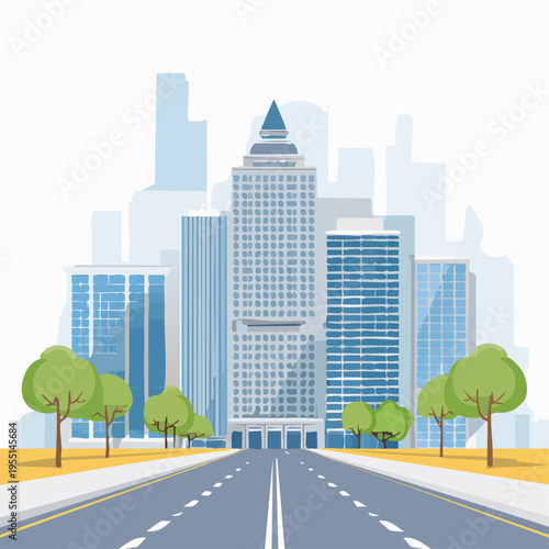 Urban cityscape with modern buildings, long road, and green trees
