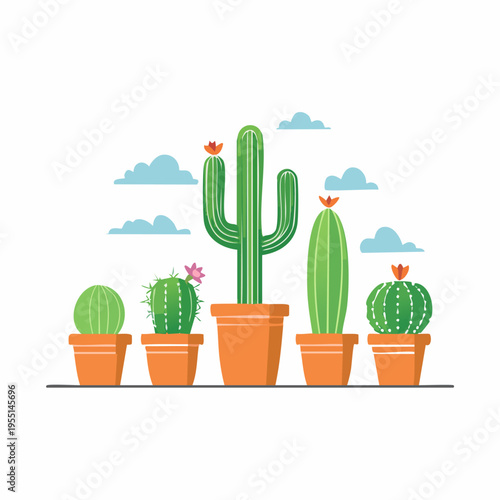 Various potted cacti plants with flowers and clouds illustration