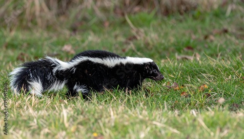 Striped skunk walking through green grass in a field