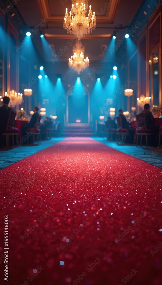 Naklejka premium Glittering red carpet leads to ornate hall with chandeliers, blue spotlights. Guests sit at tables in glamorous luxury venue. Event atmosphere feels exclusive, celebratory, awaiting VIP arrivals.