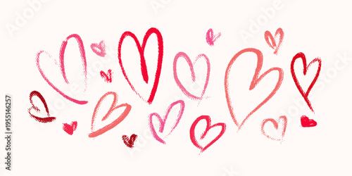 Crayon hand drawn vector hearts. Charcoal texture romantic elements set isolated on white background. Scribble red heart shapes set. Artistic love icons.