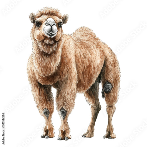 Bactrian Camel, elegant watercolor vector painting with refined details, isolated on a white background.