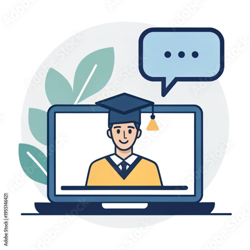 Online graduation ceremony featuring a male student in a cap and gown on a laptop screen