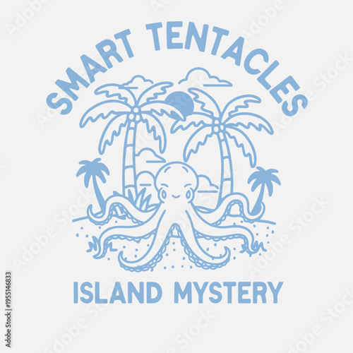 Octopus tentacles on island beach scene.