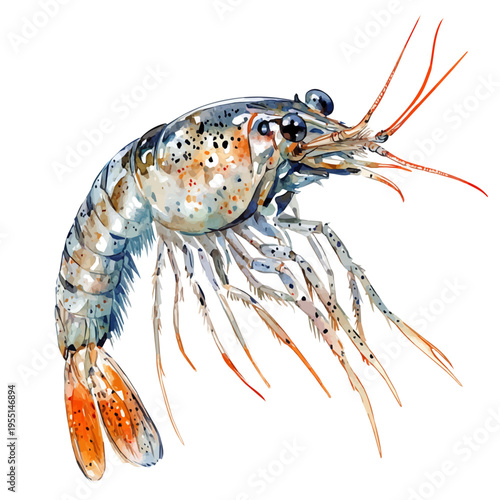Aquarium Shrimp, elegant watercolor vector painting with refined details, isolated on a white background.