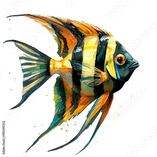 Angelfish, graceful vector watercolor painting with soft flowing strokes and subtle highlights, isolated on a white background.