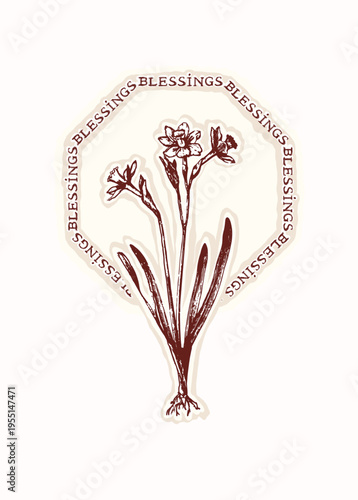 Hand drawn easter floral wreath with christian blessing printable greeting card. Flat isolated vector design with botanical motif and block print flower. For Holy week spring hope sentiment.