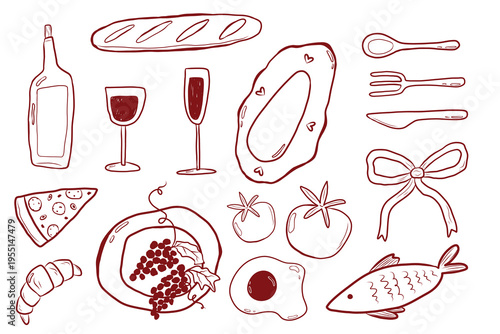Hand-drawn doodles for restaurant menu design, line art of wine, glasses, dishes, plate, pizza, grapes, croissant, cutlery, tomatoes, fried eggs, fish