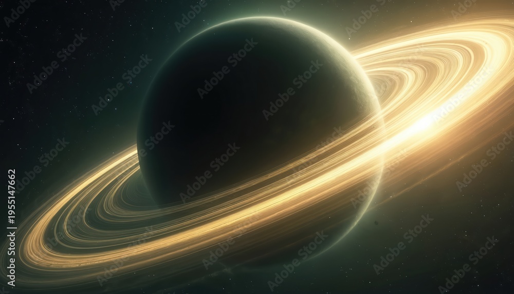 Fototapeta premium Planet with bright glowing rings in deep space. Celestial body orbited by golden rings. Stars visible in dark sky. Cosmic scene, sci fi setting.
