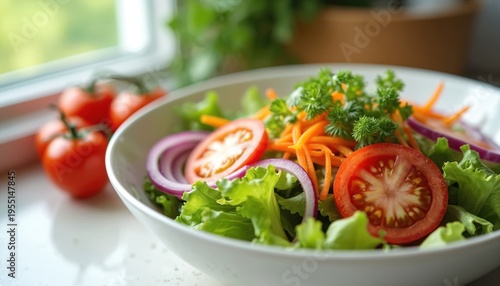Fresh vegetable salad with lettuce tomato onion and carrots. Healthy meal in white bowl near window with tomatoes. Good for lunch dinner diet.