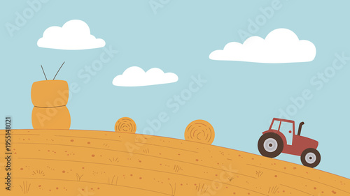 Cartoon tractor on a field with hay bales and clouds in the sky