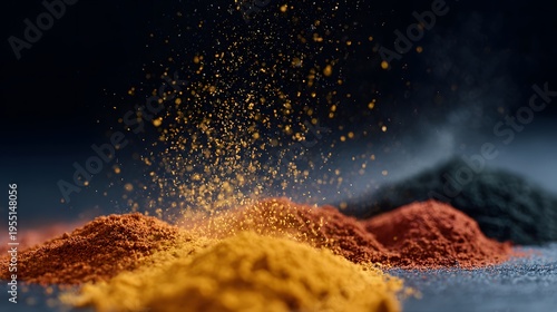 Brightly colored spices create a chaotic scene on a dark stone countertop