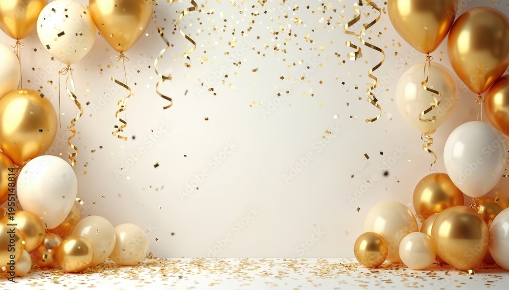 Naklejka premium Golden and white balloons float with falling confetti and streamers against a light background. Festive celebration, party, and abundance theme. Perfect for New Year or anniversary event.