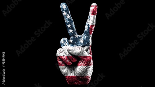 A hand forming a peace sign is painted in American flag colors against a dark background, symbolizing unity, protest, and the pursuit of peace within the nation.