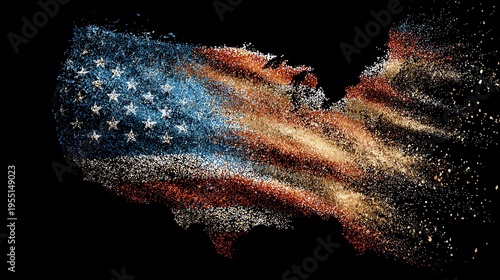 A particle-based map of the United States disperses into darkness, using American flag colors to represent the erosion of national unity and identity.