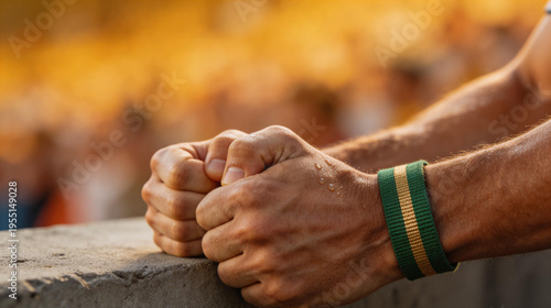 Close-up of clenched fists of a nervous football fan at the stadium