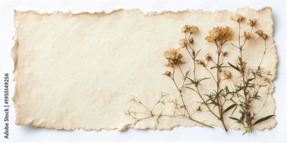 Fototapeta premium Dried flowers rest upon aged paper. Texture suggests vintage aesthetic, delicate beauty, natural elements. Simple composition, neutral tones present.