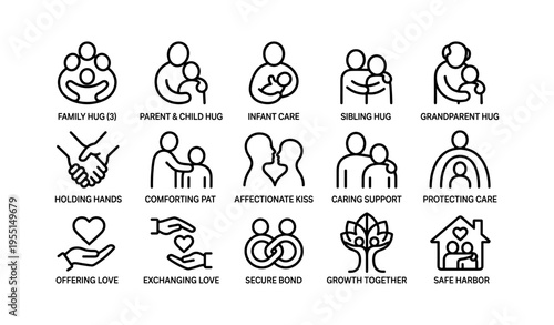 Diverse hug symbols depicting family, support, and care in simple black line icons