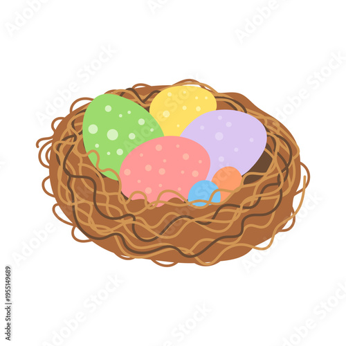 Colorful eggs rest in a cozy, woven nest. Soft pastel tones evoke springtime cheer. Ideal for Easter, birthdays, or holiday themes. No animals or plants are depicted
