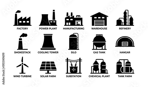 Industrial icons collection featuring factories, power plants, warehouses, and renewable energy sources