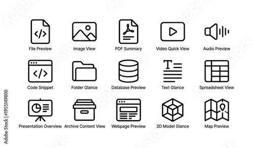 Icons representing file types and views for digital content management