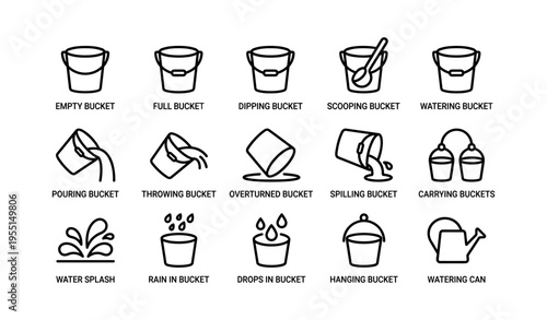 Line icons of bucket variations and water handling concepts