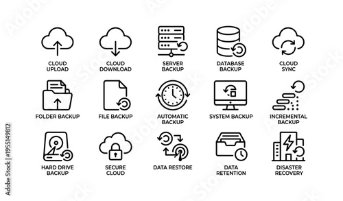 Cloud backup and data management icons: upload, download, sync, secure storage solutions