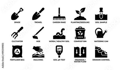 Gardening tools and soil care icons for efficient planting and maintenance