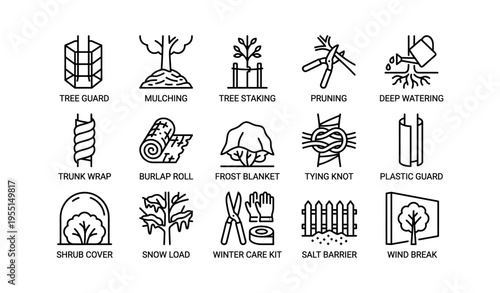 Tree protection and winter care techniques icons for gardening