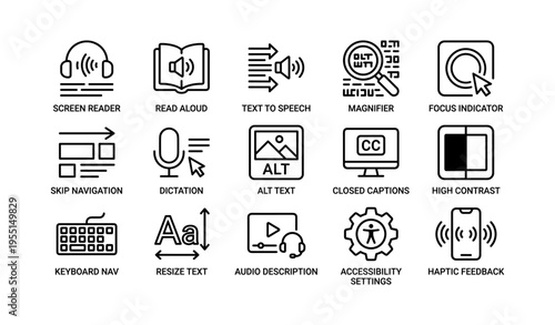 Accessibility icons: screen reader, text to speech, magnifier, captioning, more