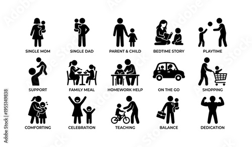 Family activities and parenting icons depicting daily life and bonds