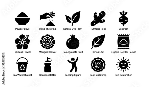 Eco-friendly holi symbols: natural holiday items and icons set