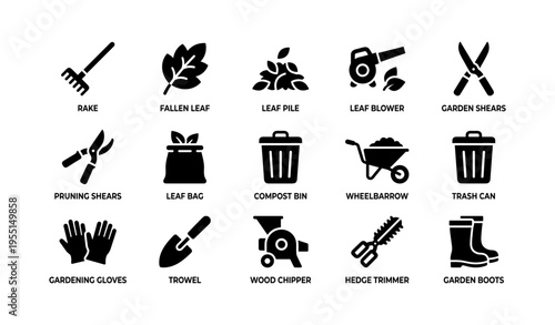 Gardening tools icons collection with rake, leaf blower, shears in black silhouette
