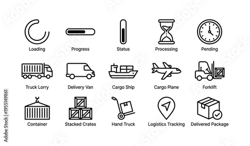 Logistics and transport icons featuring trucks, planes, shipping containers, and delivery tools